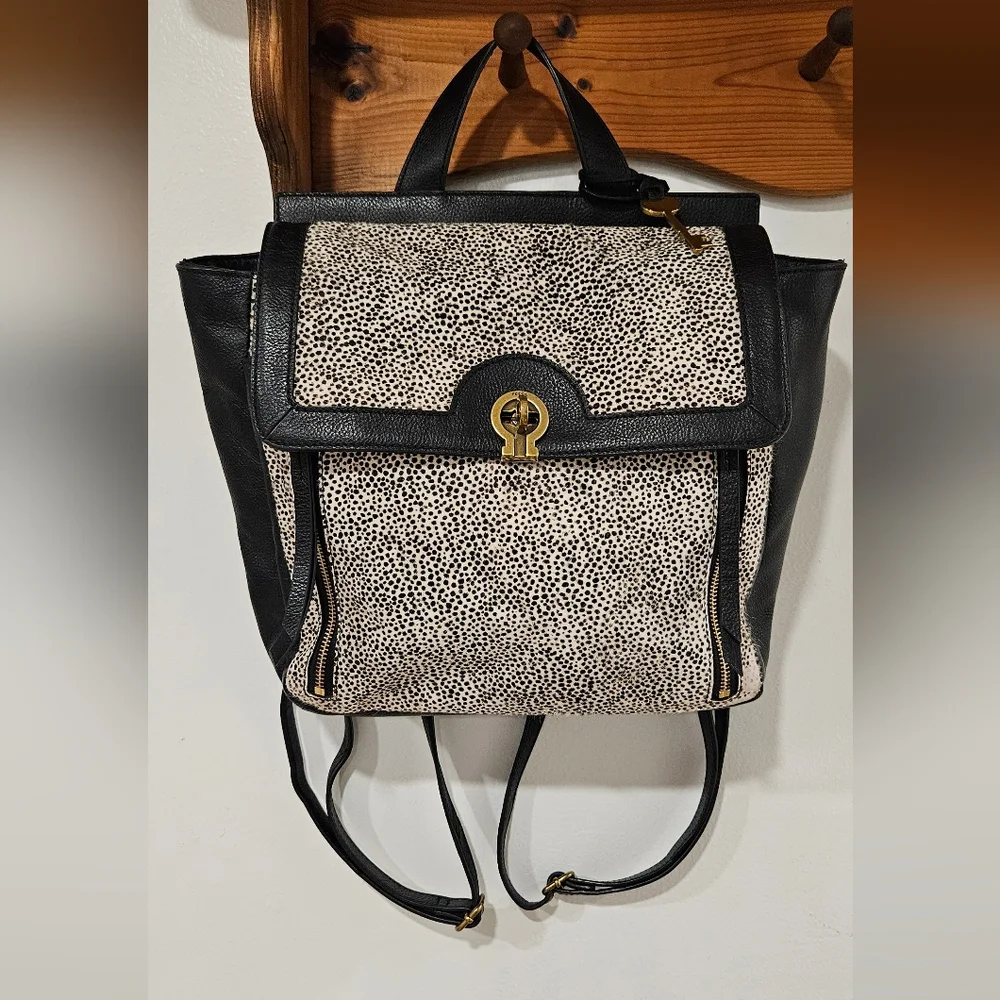 Fossil Amelia White Cheetah Black Leather Backpack Shoulder Bag ZB7856504 $298
